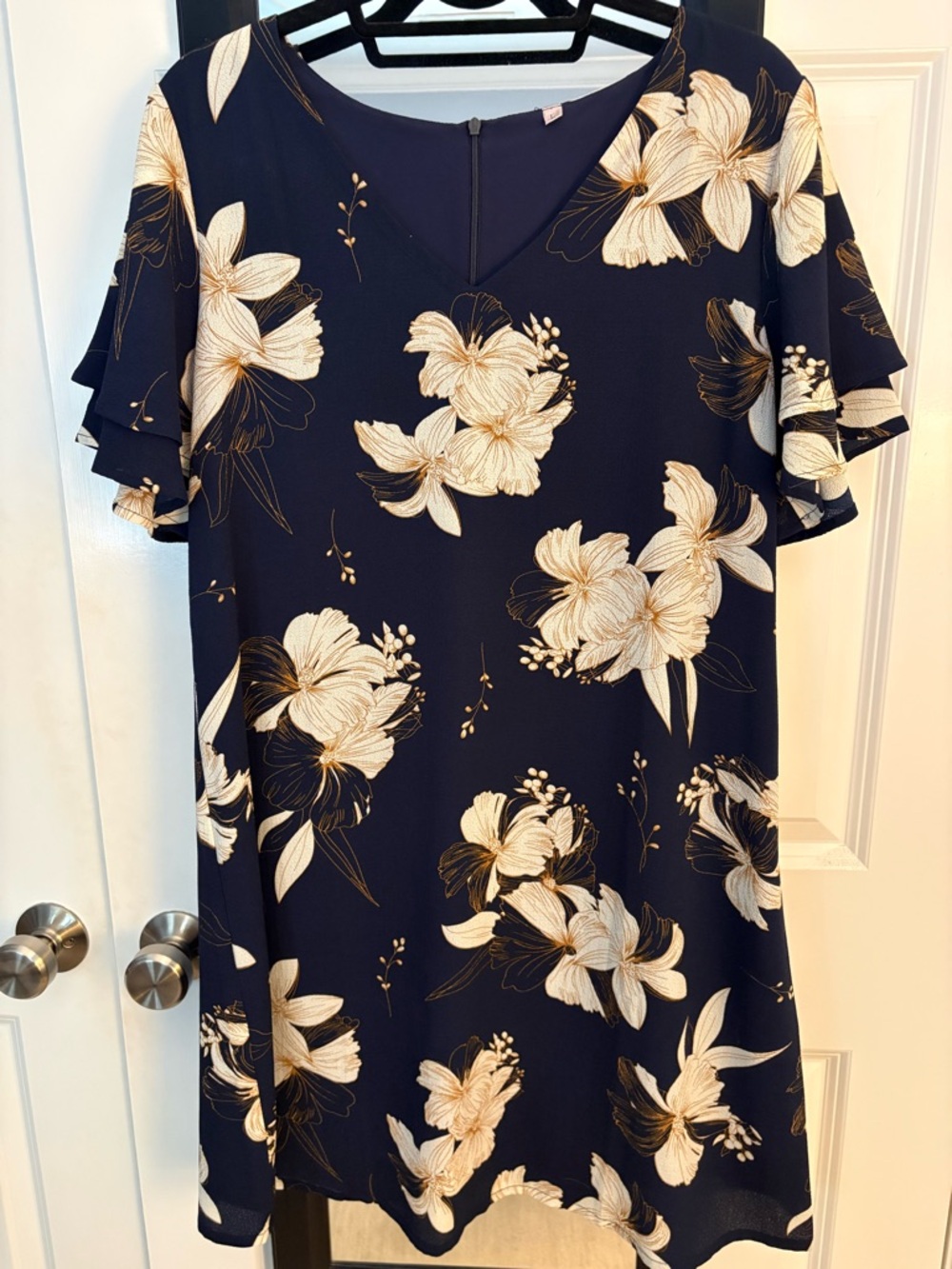Navy Floral V-Neck Swing Dress with Ruffle Sleeves